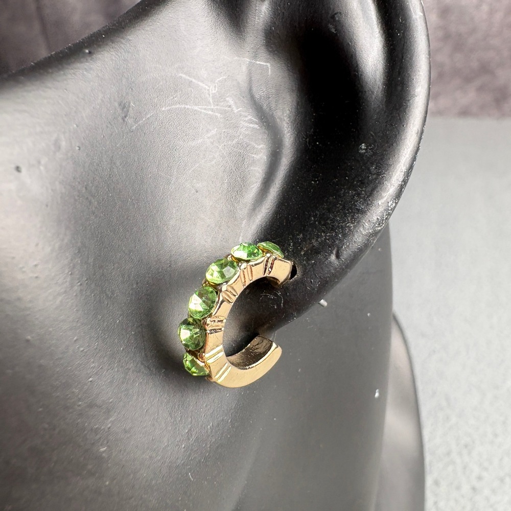 Gold Tone Green Crystal Huggie Hoop Earrings Small Emerald Green Post Backs